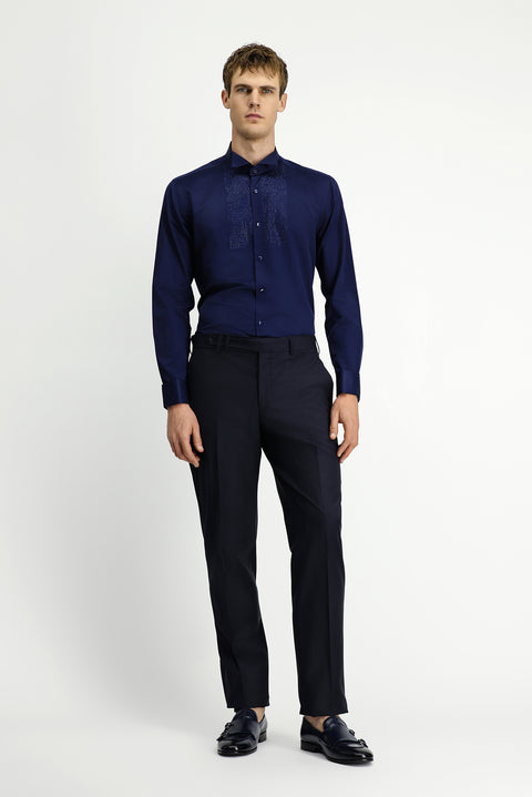 Dark Navy Blue Stand Collar Slim Fit Narrow Cut Embellished Cotton Shirt, Easy Ironing