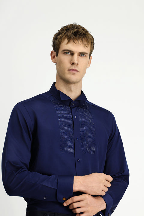 Dark Navy Blue Stand Collar Slim Fit Narrow Cut Embellished Cotton Shirt, Easy Ironing