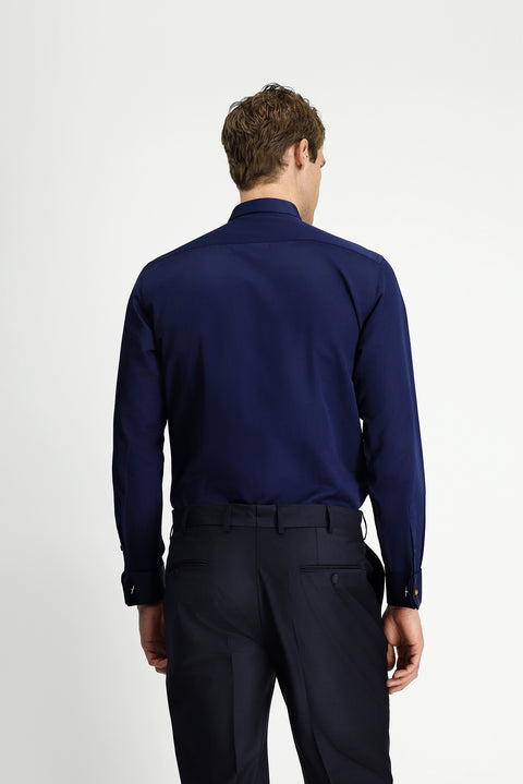 Dark Navy Blue Stand Collar Slim Fit Narrow Cut Embellished Cotton Shirt, Easy Ironing