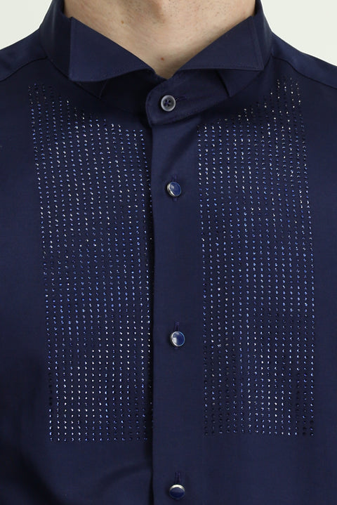 Dark Navy Blue Stand Collar Slim Fit Narrow Cut Embellished Cotton Shirt, Easy Ironing