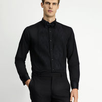 Siyah Ata Yaka Slim Fit Dar Kesim Piliseli Saten Pamuklu Kolay Ütülenebilir Gömlek