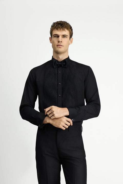 Siyah Ata Yaka Slim Fit Dar Kesim Piliseli Saten Pamuklu Kolay Ütülenebilir Gömlek