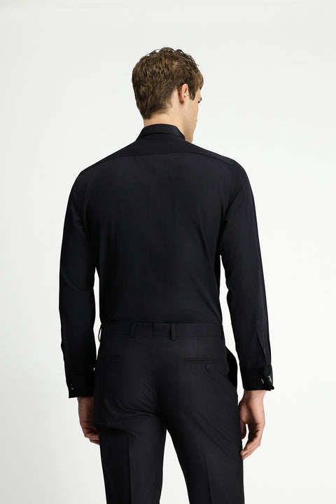 Siyah Ata Yaka Slim Fit Dar Kesim Piliseli Saten Pamuklu Kolay Ütülenebilir Gömlek