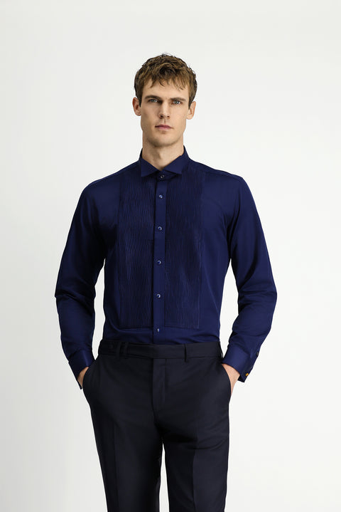 Koyu Lacivert Ata Yaka Slim Fit Dar Kesim Piliseli Saten Pamuklu Kolay Ütülenebilir Gömlek