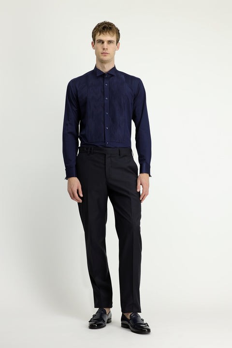 Koyu Lacivert Ata Yaka Slim Fit Dar Kesim Piliseli Saten Pamuklu Kolay Ütülenebilir Gömlek