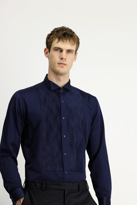 Koyu Lacivert Ata Yaka Slim Fit Dar Kesim Piliseli Saten Pamuklu Kolay Ütülenebilir Gömlek