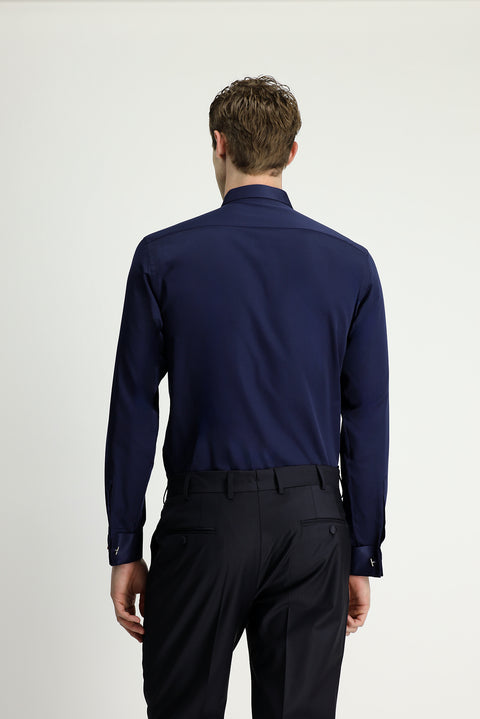 Koyu Lacivert Ata Yaka Slim Fit Dar Kesim Piliseli Saten Pamuklu Kolay Ütülenebilir Gömlek