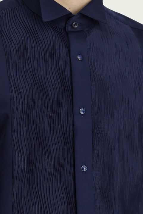 Koyu Lacivert Ata Yaka Slim Fit Dar Kesim Piliseli Saten Pamuklu Kolay Ütülenebilir Gömlek