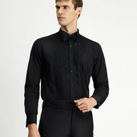 Black, Stand Collar Patterned, Slim Fit, Narrow Cut, Cotton, Easy-Iron Shirt
