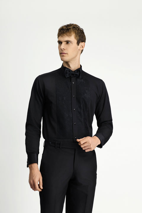 Black, Stand Collar Patterned, Slim Fit, Narrow Cut, Cotton, Easy-Iron Shirt