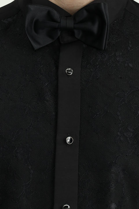 Black, Stand Collar Patterned, Slim Fit, Narrow Cut, Cotton, Easy-Iron Shirt