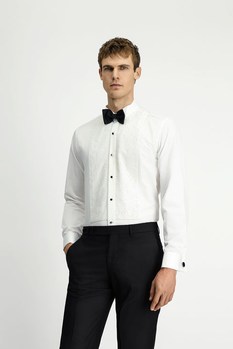 White, Stand Collar Patterned, Slim Fit, Narrow Cut, Cotton, Easy-Iron Shirt