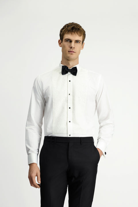 White, Stand Collar Patterned, Slim Fit, Narrow Cut, Cotton, Easy-Iron Shirt
