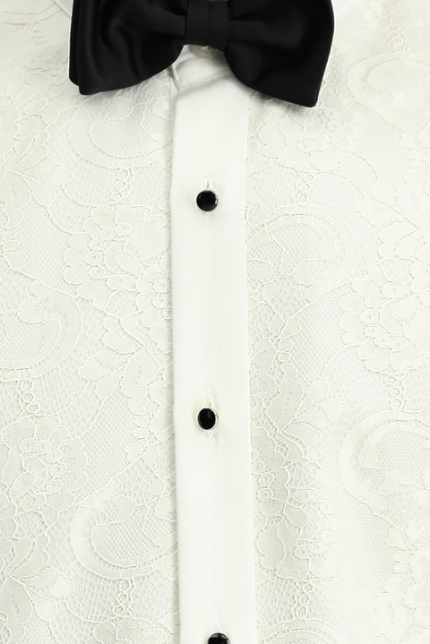 White, Stand Collar Patterned, Slim Fit, Narrow Cut, Cotton, Easy-Iron Shirt