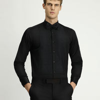 Black Stand Collar Slim Fit Narrow Cut Patterned Satin Cotton Easy Iron Shirt