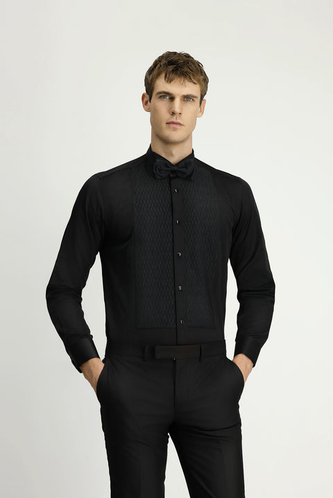 Black Stand Collar Slim Fit Narrow Cut Patterned Satin Cotton Easy Iron Shirt
