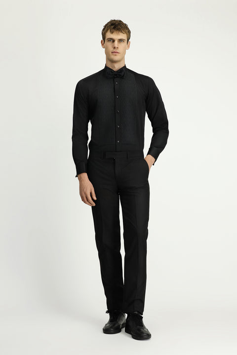 Black Stand Collar Slim Fit Narrow Cut Patterned Satin Cotton Easy Iron Shirt