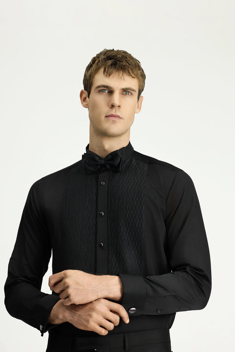 Black Stand Collar Slim Fit Narrow Cut Patterned Satin Cotton Easy Iron Shirt