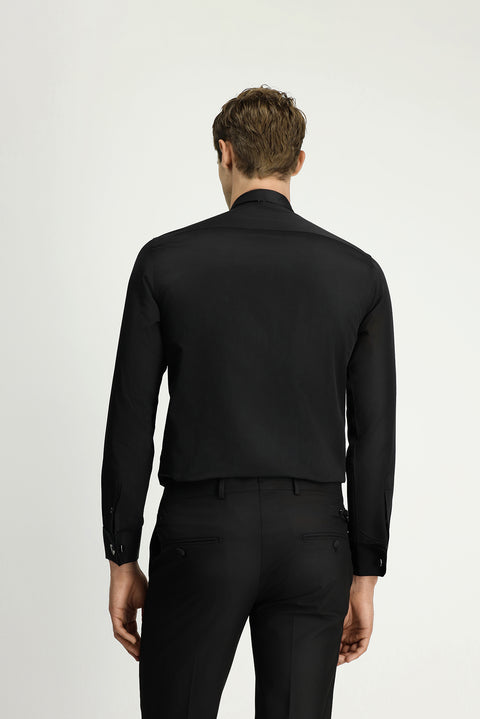 Black Stand Collar Slim Fit Narrow Cut Patterned Satin Cotton Easy Iron Shirt
