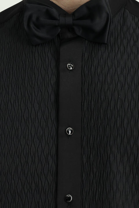 Black Stand Collar Slim Fit Narrow Cut Patterned Satin Cotton Easy Iron Shirt
