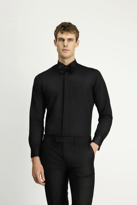 Black Stand Collar Slim Fit Narrow Cut Classic Folded Cuff Nano Care Water Repellent Stain Resistant 4 Seasons Cotton Shirt