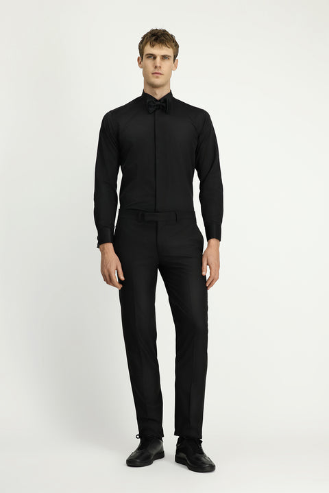 Black Stand Collar Slim Fit Narrow Cut Classic Folded Cuff Nano Care Water Repellent Stain Resistant 4 Seasons Cotton Shirt