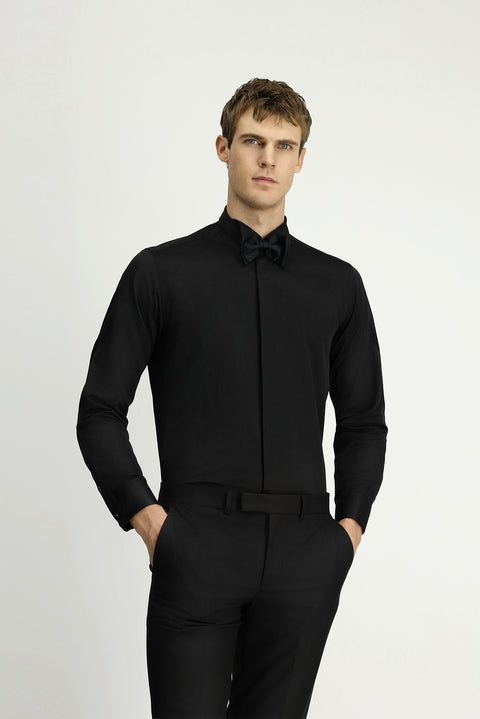 Black Stand Collar Slim Fit Narrow Cut Classic Folded Cuff Nano Care Water Repellent Stain Resistant 4 Seasons Cotton Shirt