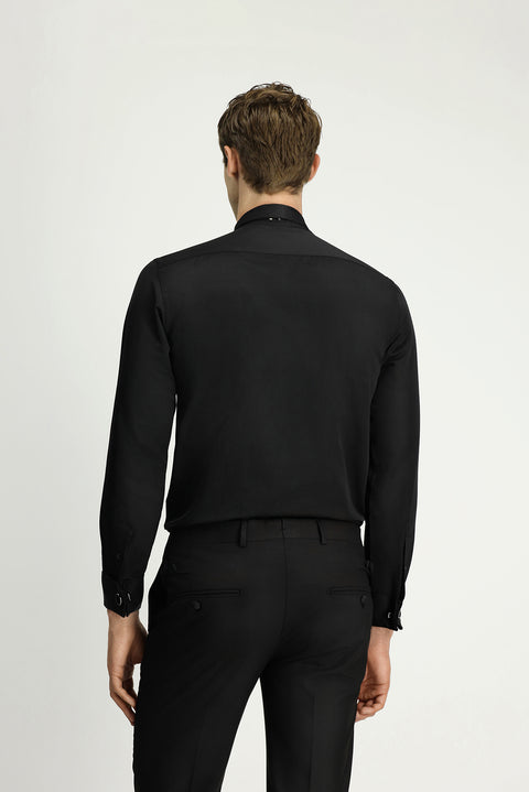 Black Stand Collar Slim Fit Narrow Cut Classic Folded Cuff Nano Care Water Repellent Stain Resistant 4 Seasons Cotton Shirt