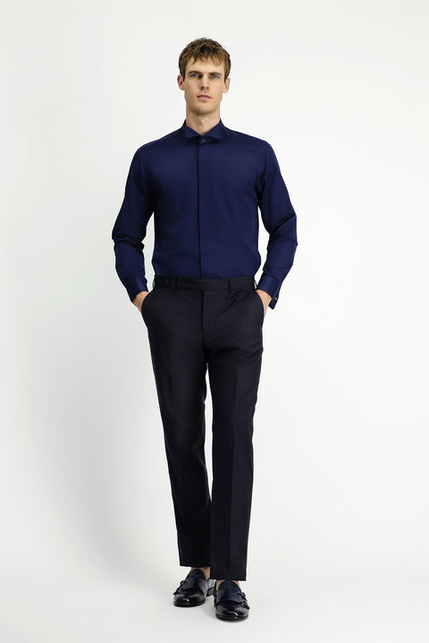 Koyu Lacivert Ata Yaka Slim Fit Dar Kesim Klasik Katlı Manşet Nano Care Su İtici Leke Tutmaz 4 Mevsim Pamuk Gömlek