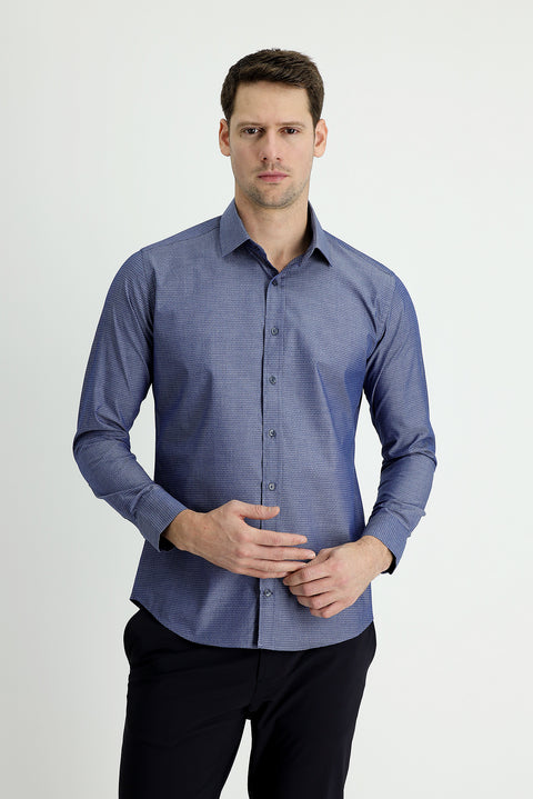 Dark Navy Long Sleeve Slim Fit Classic Patterned Cotton Shirt