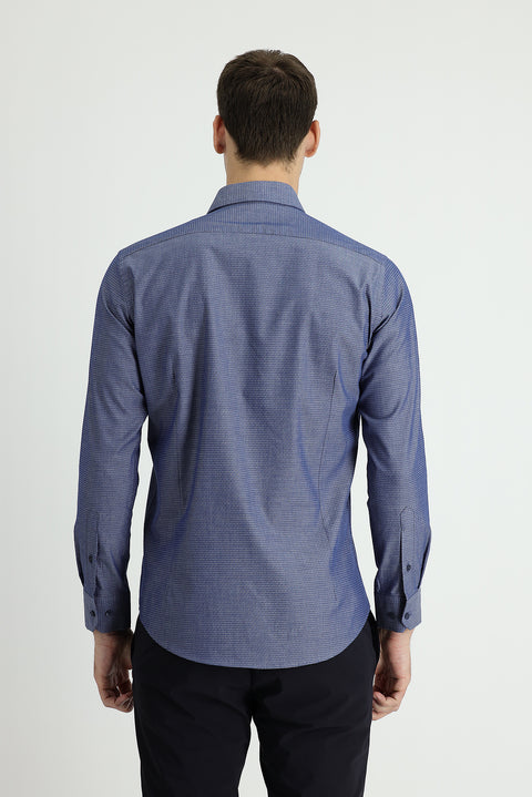 Dark Navy Long Sleeve Slim Fit Classic Patterned Cotton Shirt