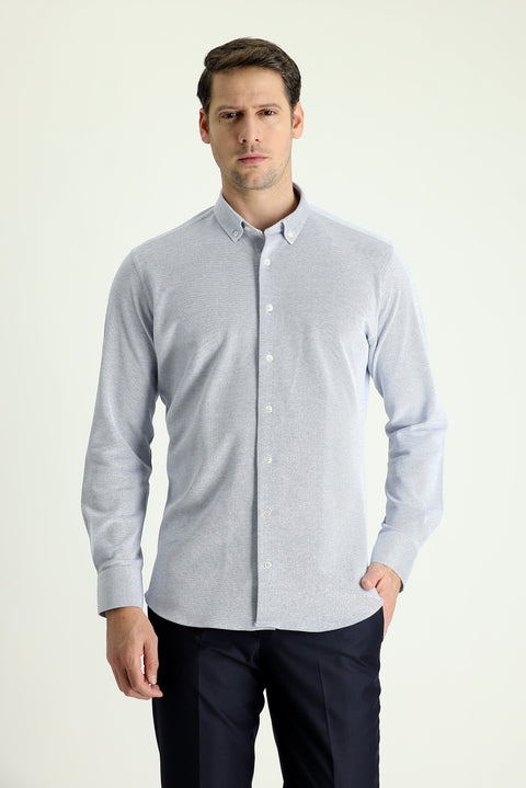Dark Blue Long Sleeve Slim Fit Patterned Knitted Cotton Shirt