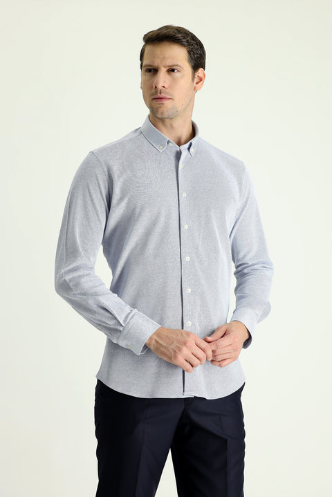 Dark Blue Long Sleeve Slim Fit Patterned Knitted Cotton Shirt