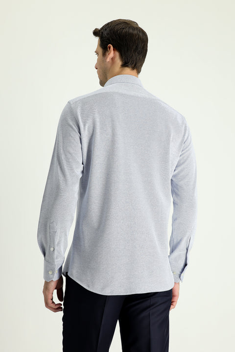 Dark Blue Long Sleeve Slim Fit Patterned Knitted Cotton Shirt