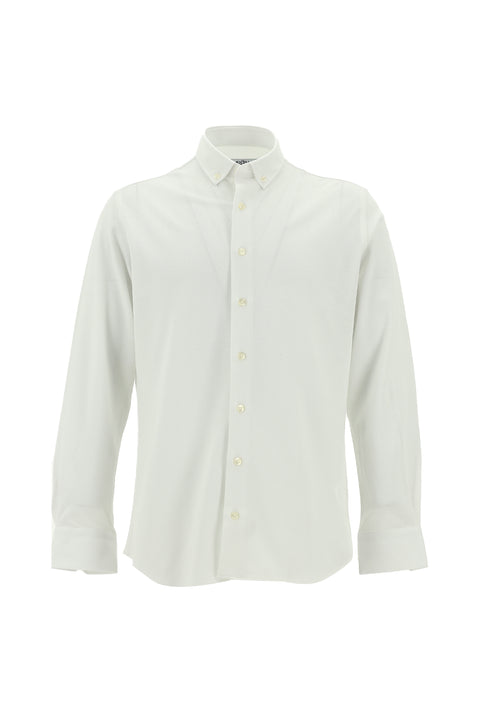 White Long Sleeve Slim Fit Patterned Knitted Cotton Shirt