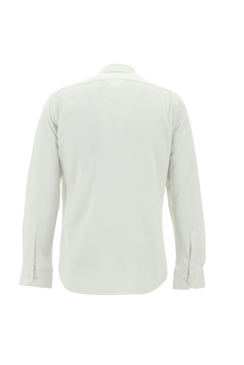 White Long Sleeve Slim Fit Patterned Knitted Cotton Shirt