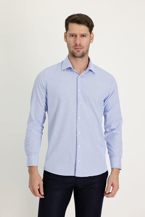 Light Blue Long Sleeve Slim Fit Narrow Cut Classic Patterned Cotton Easy Iron Shirt