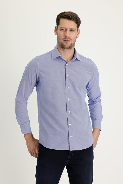 Dark Blue Long Sleeve Slim Fit Narrow Cut Classic Patterned Cotton Easy Iron Shirt