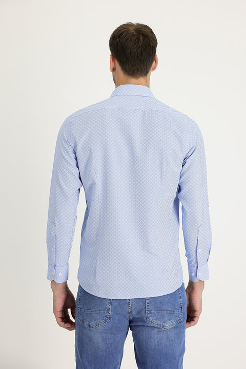 Light Blue Long Sleeve Slim Fit Narrow Cut Classic Patterned Cotton Easy Iron Shirt