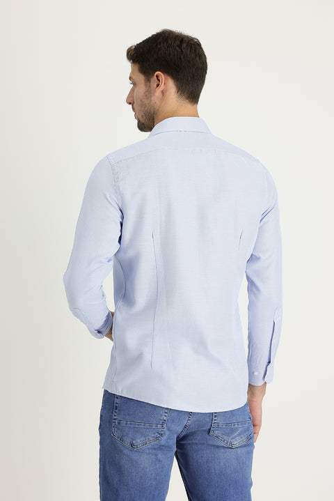 Light Blue Long Sleeve Slim Fit Narrow Cut Classic Patterned Cotton Easy Iron Shirt