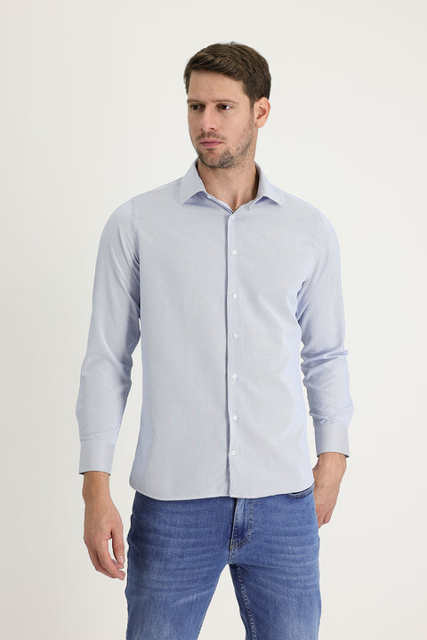 Light Blue Long Sleeve Slim Fit Narrow Cut Classic Patterned Cotton Easy Iron Shirt