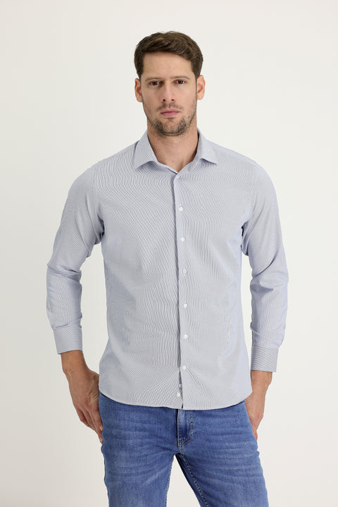 Dark Blue Long Sleeve Slim Fit Narrow Cut Classic Patterned Cotton Easy Iron Shirt