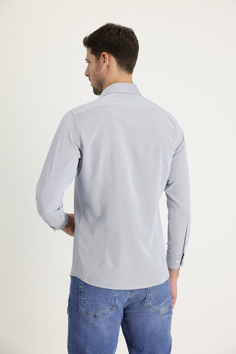 Dark Blue Long Sleeve Slim Fit Narrow Cut Classic Patterned Cotton Easy Iron Shirt