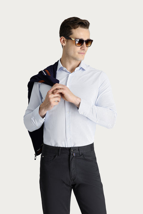 Light Blue Long Sleeve Slim Fit Narrow Cut Patterned Classic Cotton Shirt