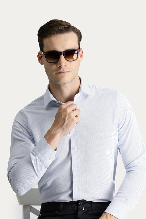 Light Blue Long Sleeve Slim Fit Narrow Cut Patterned Classic Cotton Shirt