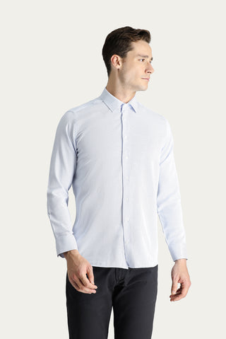  Açık Mavi Uzun Kol Slim Fit Dar Kesim Desenli Klasik Pamuklu Gömlek