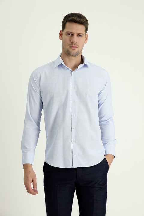 Light Blue Long Sleeve Slim Fit Narrow Cut Classic Patterned Cotton Easy-Iron Shirt
