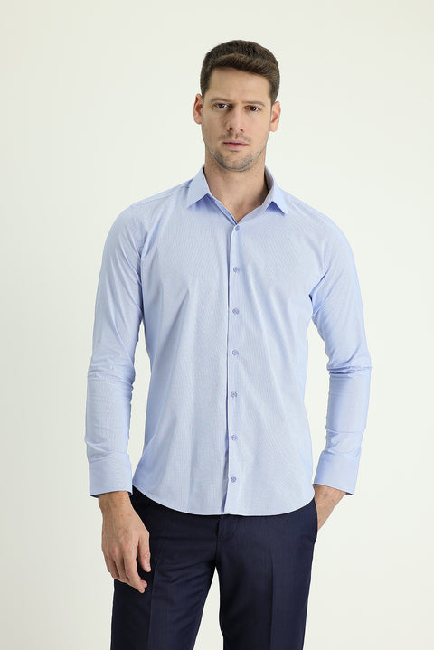 Light Blue Long Sleeve Slim Fit Narrow Cut Classic Patterned Cotton Easy Iron Shirt