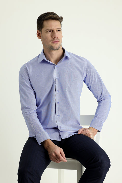 Dark Blue Long Sleeve Slim Fit Narrow Cut Classic Patterned Cotton Easy Iron Shirt
