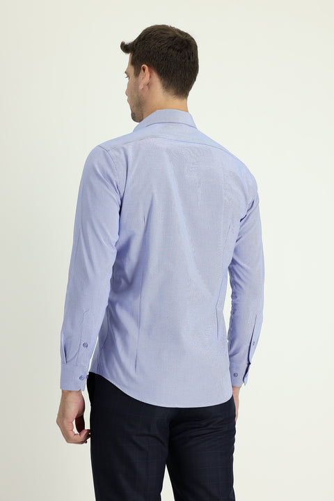 Dark Blue Long Sleeve Slim Fit Narrow Cut Classic Patterned Cotton Easy Iron Shirt